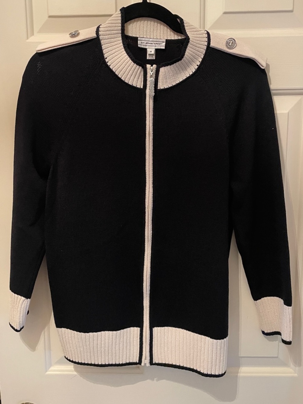 St. John Black and Cream Zip-Front Knit Jacket